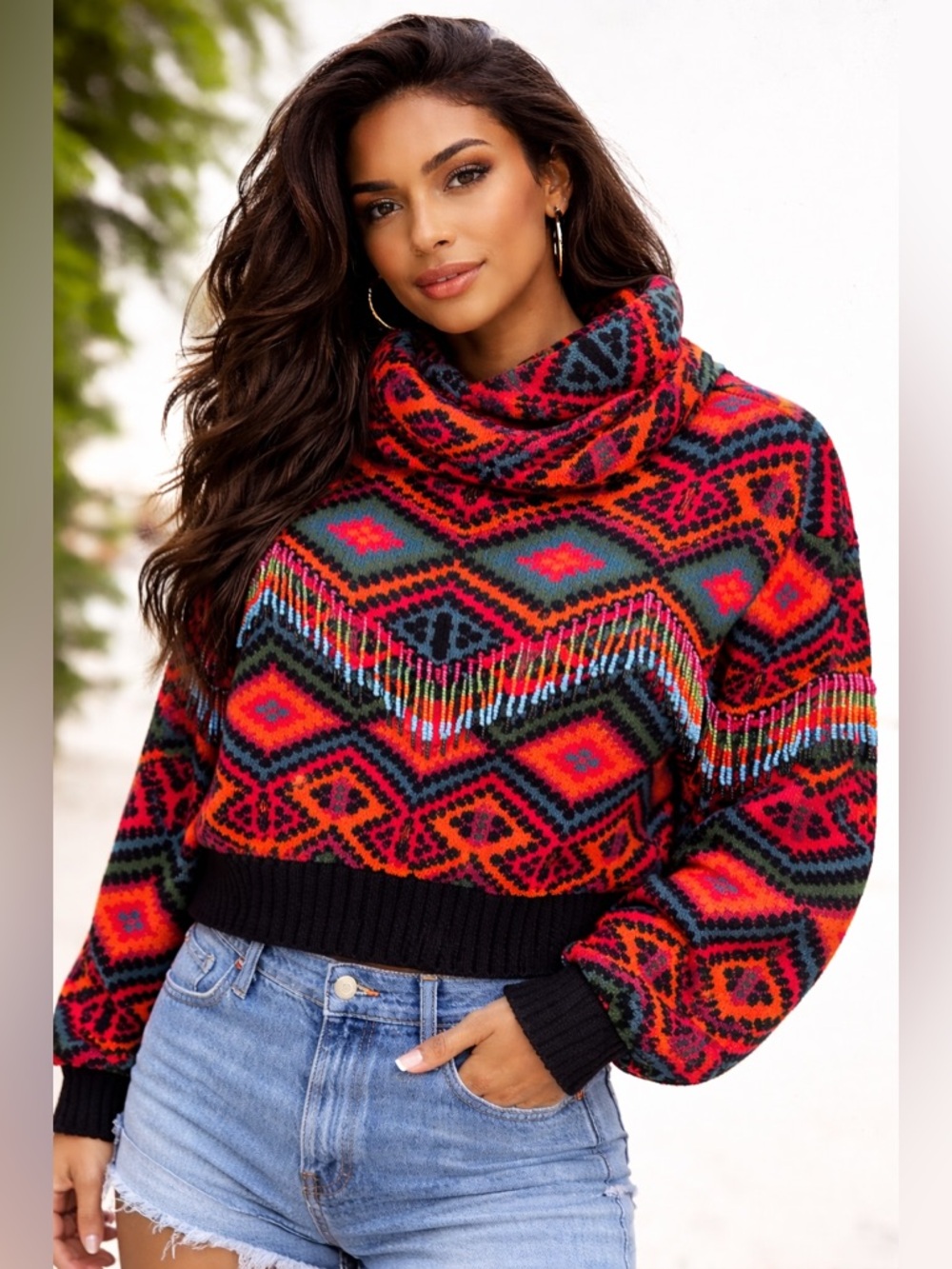 FARM Rio Beaded Fringe Turtleneck Sweater in Pink, Orange, Teal & Black